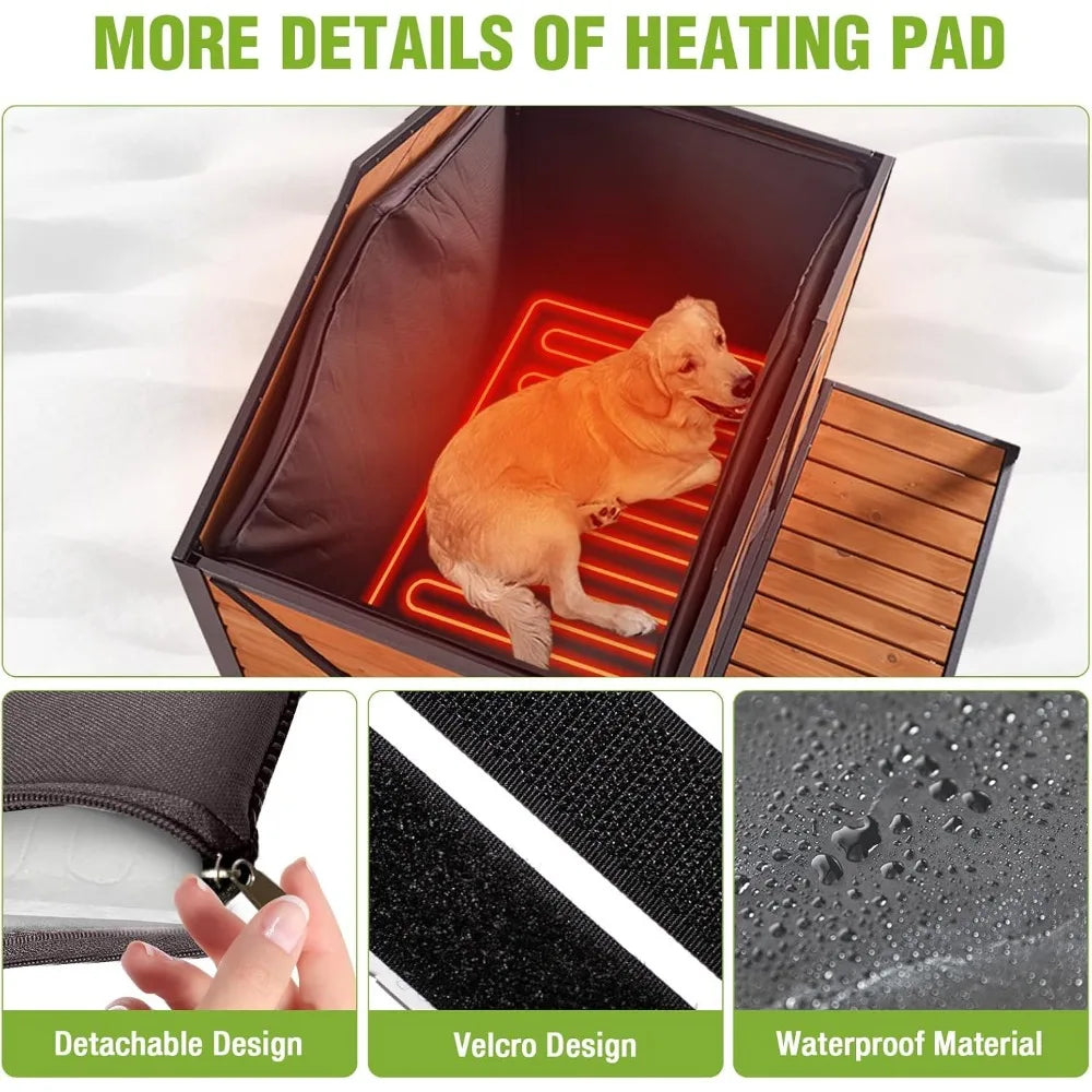 Heated Outdoor Dog House Insulated Weatherproof Wooden Dog Kennel for Winter, Anti-Bite Dog Shelter with Heating Pad and Insulat