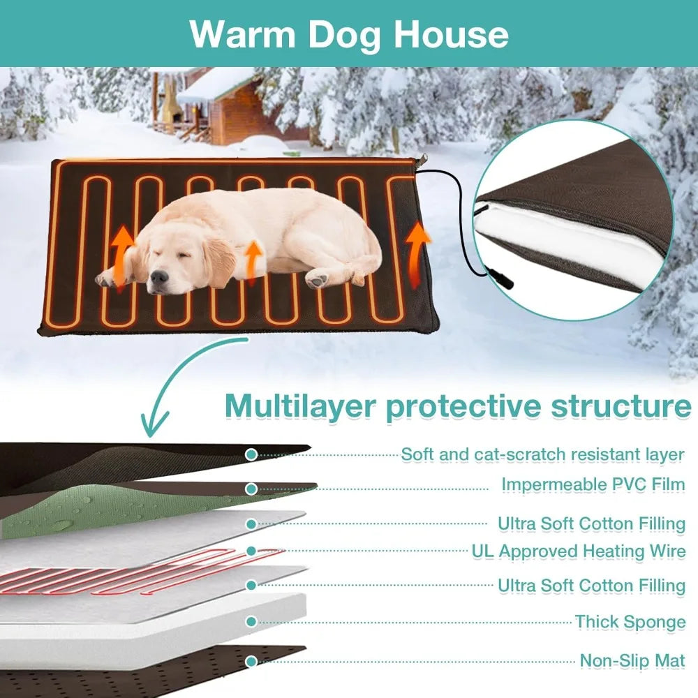 Outdoor Heated Dog House with Anti-Chew Iron Frame, Adjustable Temperature and Time, Insulated Weatherproof Shelter