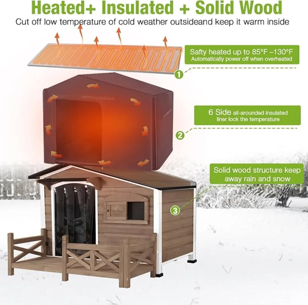 Dog House Outdoor Dog Kennel with Safe Heated Pad, Chew-Proof Metal Frame and Insulated Liner for Small to Medium Dogs, 44.6" L