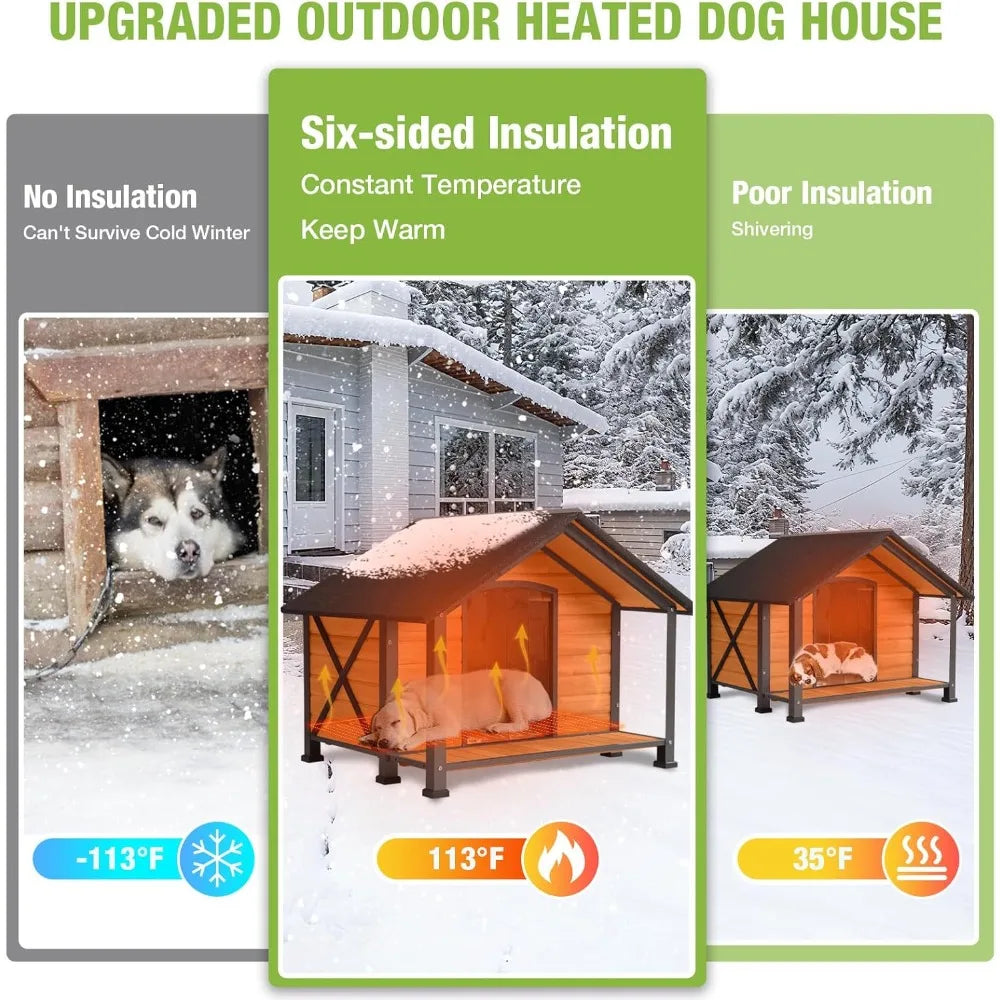 Heated Outdoor Dog House Insulated Weatherproof Wooden Dog Kennel for Winter, Anti-Bite Dog Shelter with Heating Pad and Insulat