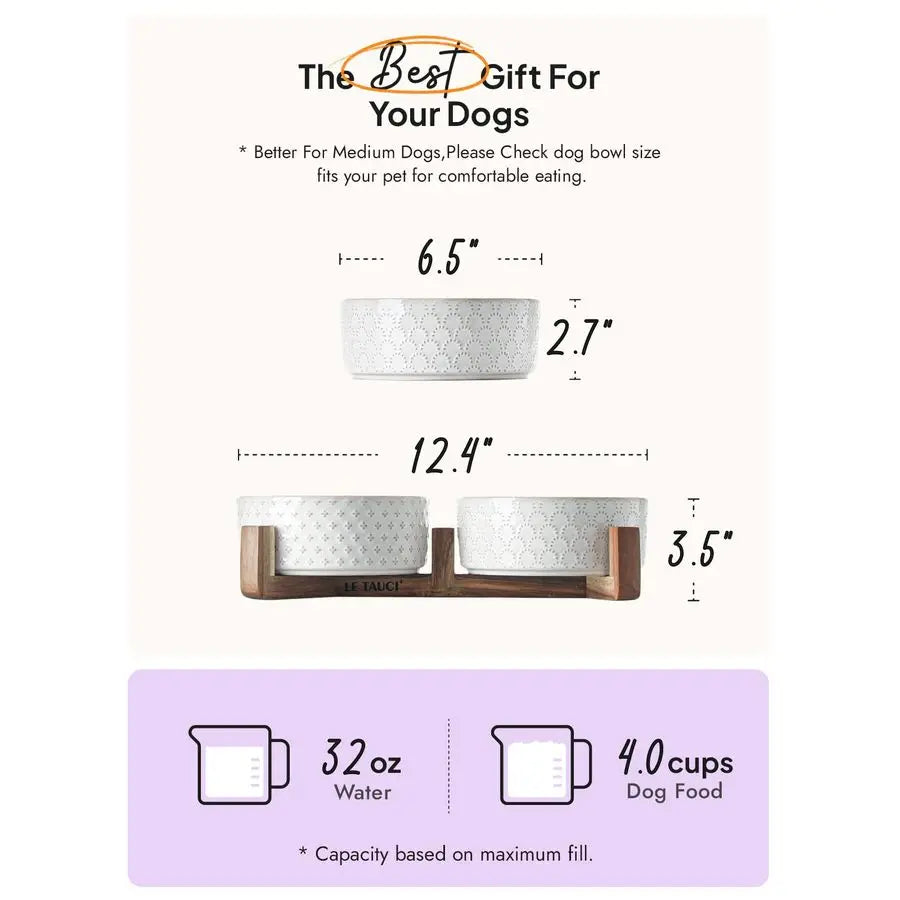 Bowls Ceramic for Small Medium Dogs 3Cup Dual Food amp Water Bowl Set with Acacia Wood Stand, NonSlip AntiTip Elevated Design
